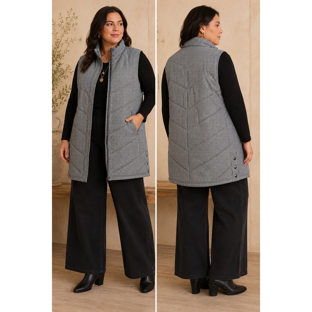 Cj Banks Puffer Vest Women 3X White Houndstooth Quilted Snap Side